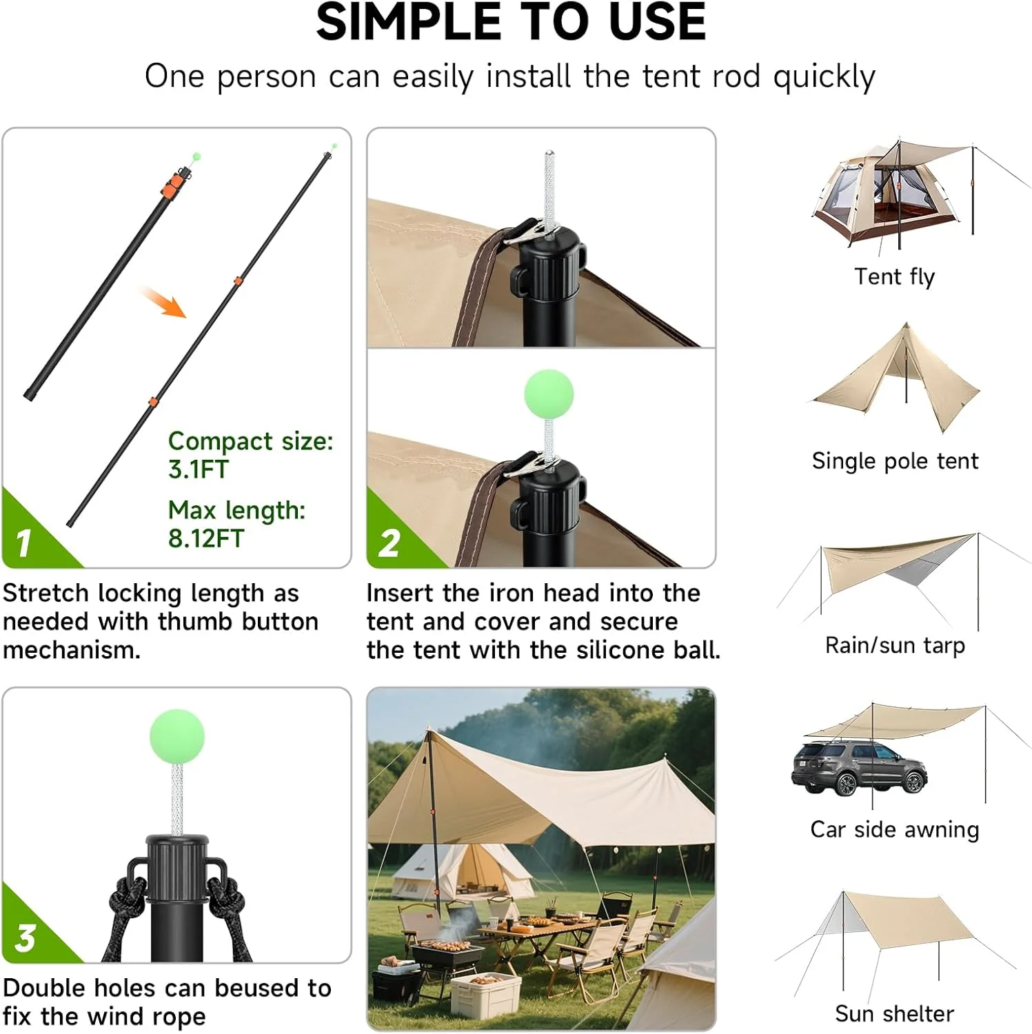 SANLIKE Tarp Poles Heavy Duty Telescoping 97" Adjustable Aviation Aluminum Canopy Rods Lengthen Thicken with Protection Cap Port view 5