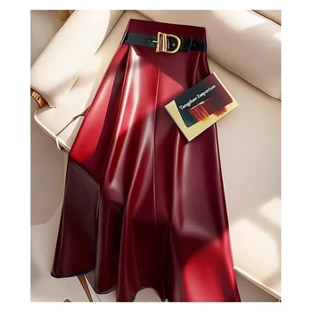 High end goddess style high-end red PU skirt for women 2024 new Leather midi skirt, mid length umbrella skirt 5