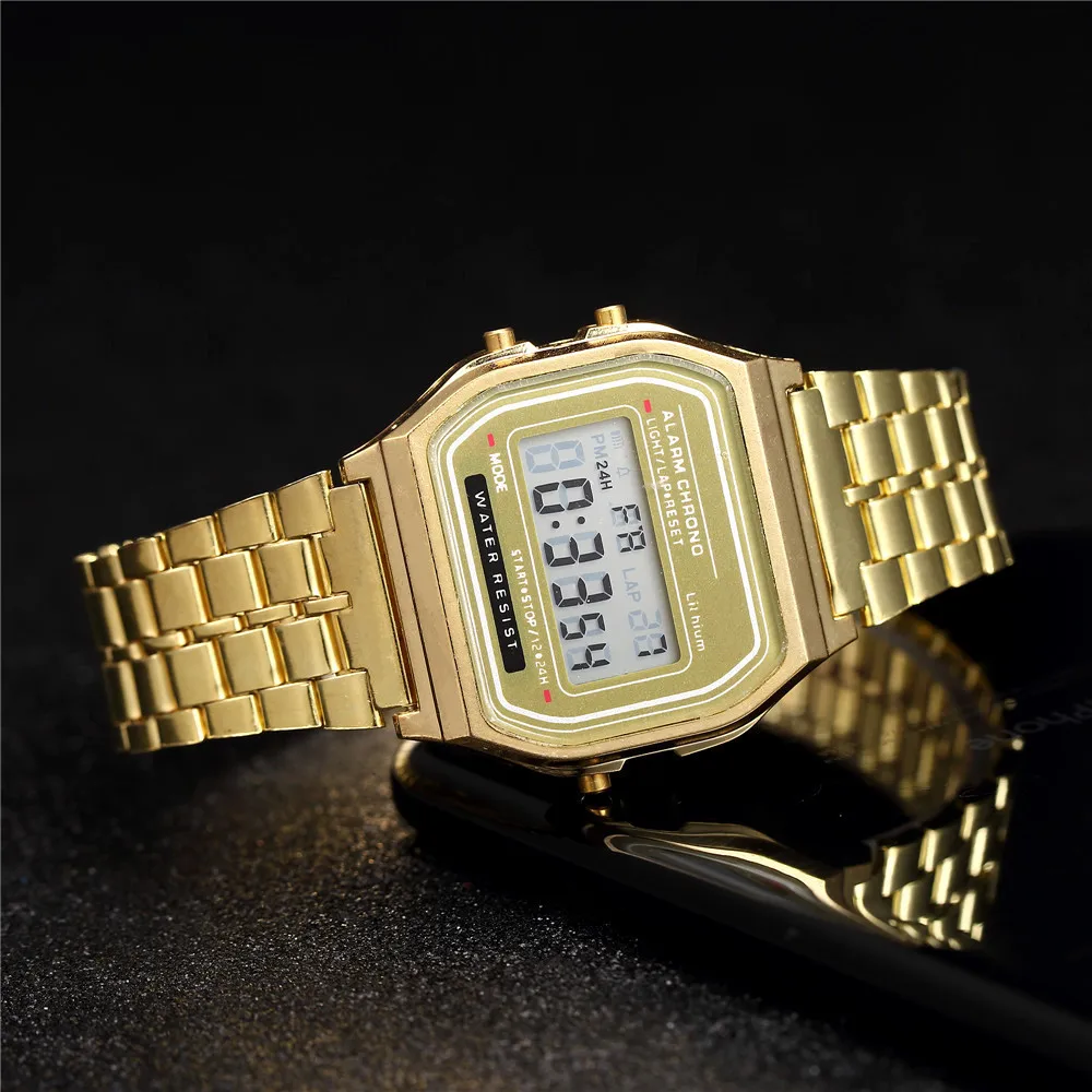Harajuku Luxury TOP Brand Women Watch Gold Stainless Steel WR F91W LED Electronic Waterproof Multifunction Square Digital Watch