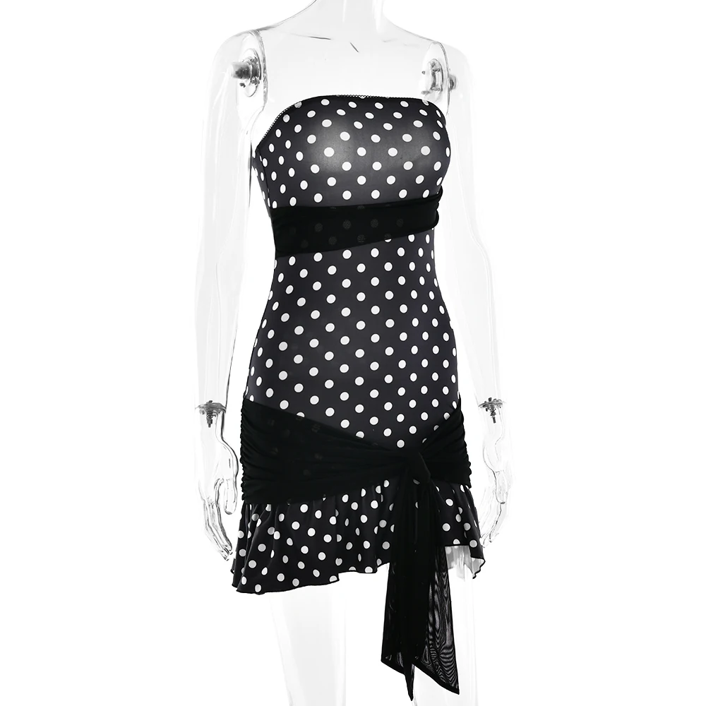 XIAOTANG Elegant Strapless Mesh Patchwork Tie Mini Dress Women Sexy Backless Tight Polka Dot Dresses Club Partywear Holiday 2025