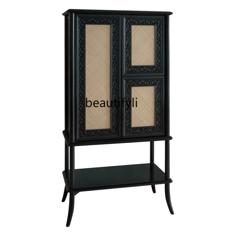 

Retro Solid Wood Carved Wall Hallway Locker TV Side Cabinet Rattan Chinese Style Small Apartment furniture