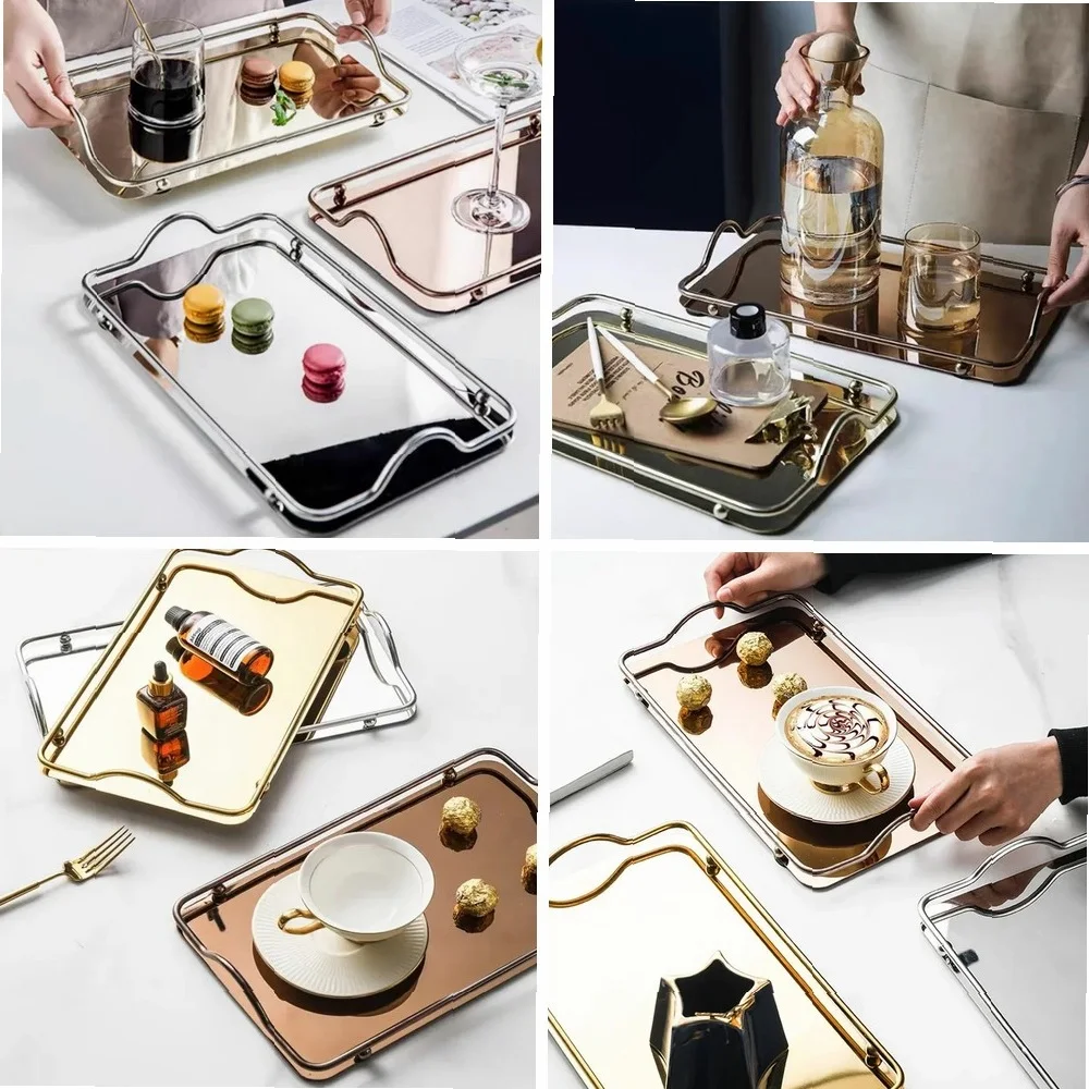

Nordic Stainless Steel Storage Tray Rectangular Household Mirror Tray Electroplating Process Display Tray Shooting Props