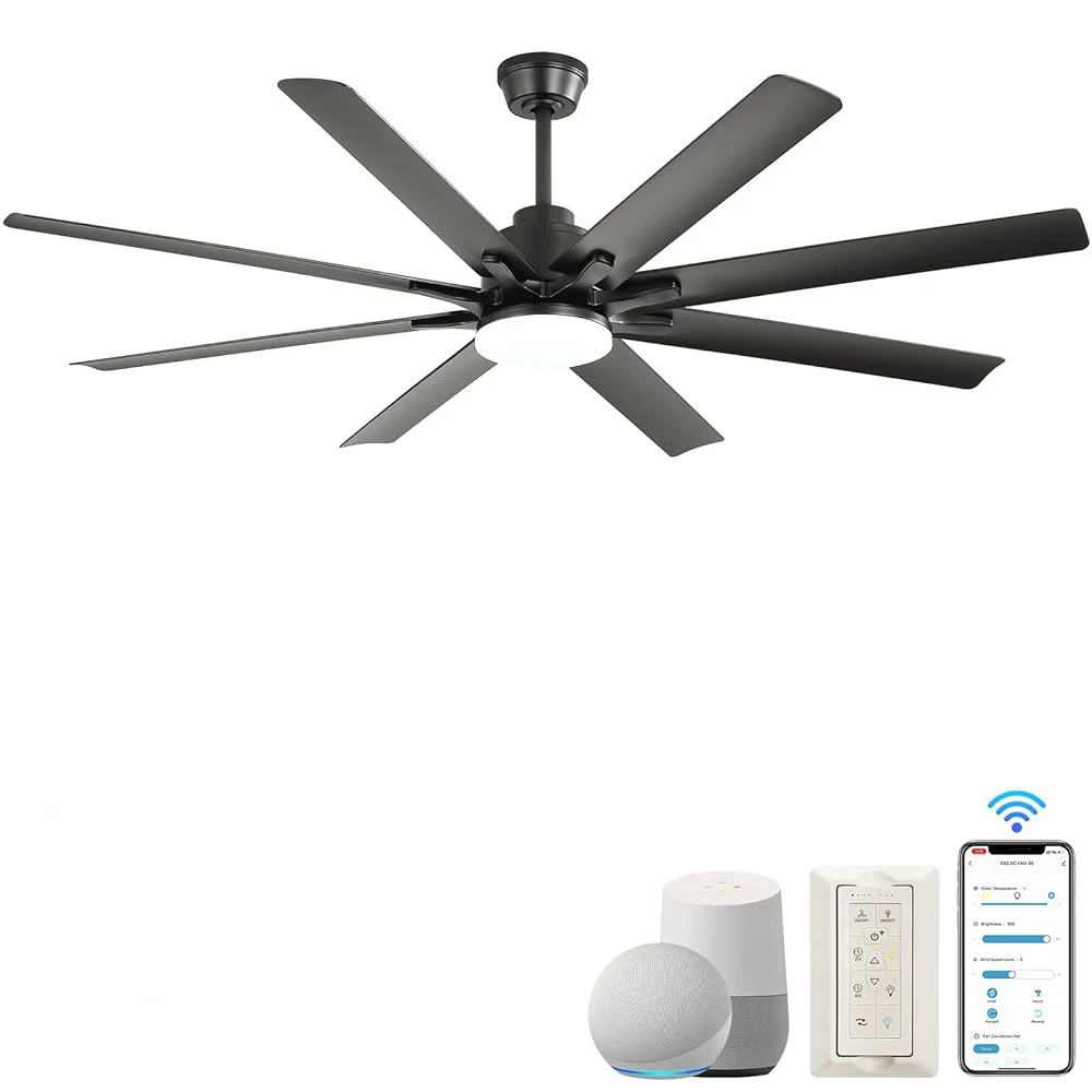 66 Inch Modern Ceiling Fan With Dimmable Led Light 8 ABS Blades Smart Remote Control Reversible DC Motor Black For Home Office