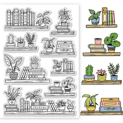 Potted Bookshelf Clear Stamps Book and Plant Embossing Stamp Silicone Clear Stamps Seal for DIY Scrapbooking and Card Making