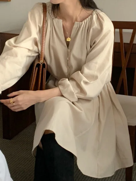 Chic Vintage Button up V-Ne Lose Elastische Taille Blase Sve Dr Damen Faion Frühling Herbst Winter Casual Street Sle