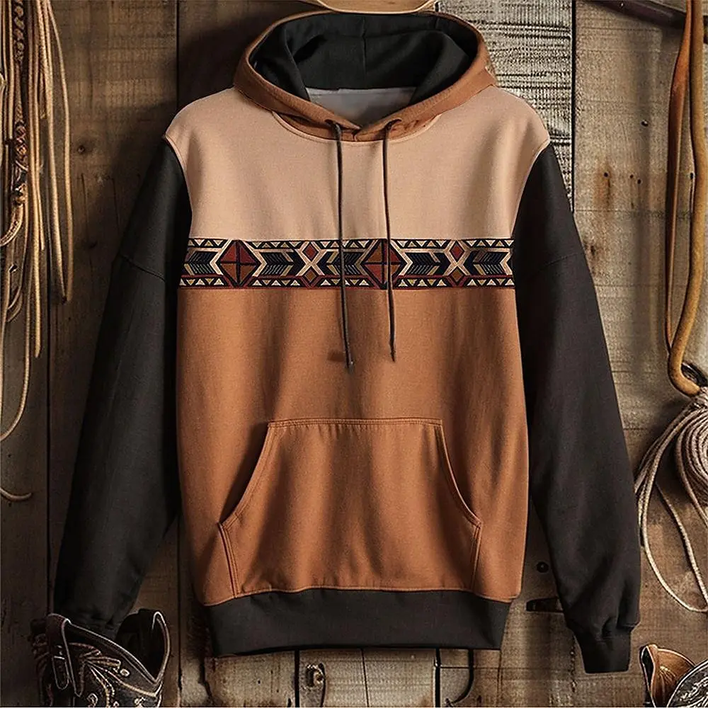 Autumn Men's Hoodie 3d Ethnic Pattern Print Long Sleeve Sweatshirt Striped Patchwork Top Retro Oversized Hoodies For Man Clothes