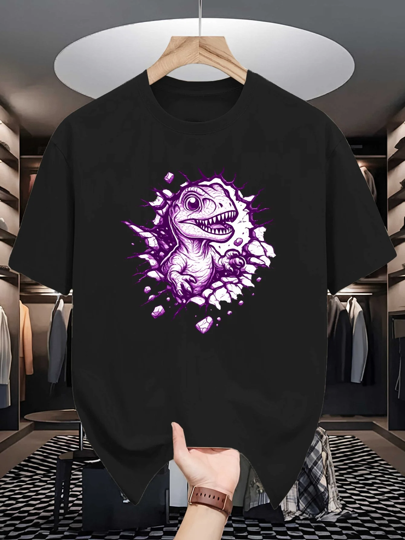 Cute Dinosaur Breaking Wall Graphic Mens Crew Neck T Shirt Purple Dino Art Print Short Sleeve Casual Cotton Summer Tops