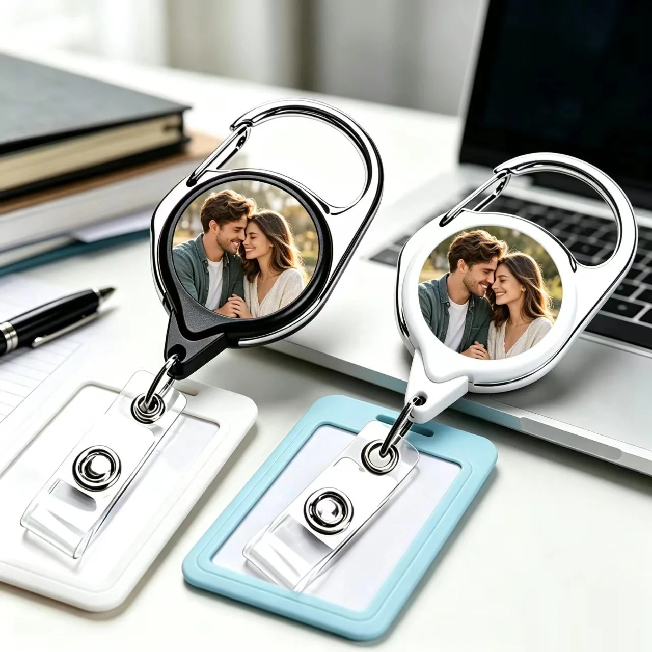 Personalized DIY Photo Badge Reel, Retractable ID Badge Holder with Metal Carabiner, Custom Image Name Clip for Daily Work Gift