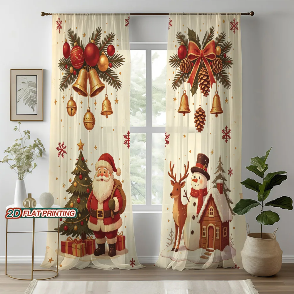 2PCS Christmas Sheer Curtains, Gold Bell Snowman Reindeer, Digital Print, Rod Pocket Polyester, Bedroom Living Room Dining
