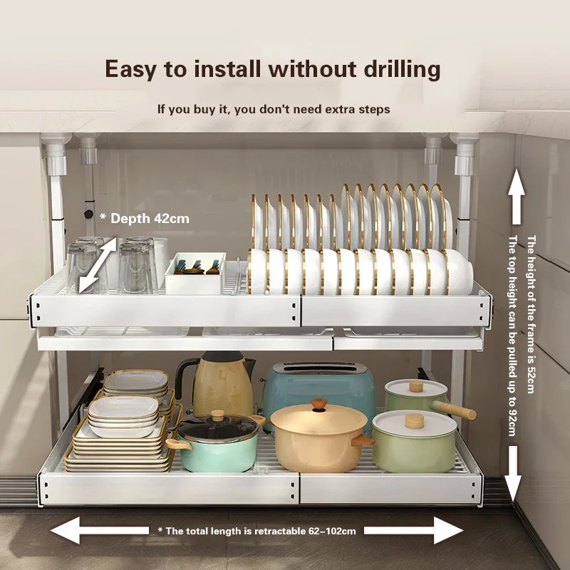 Kitchen Under Cabinet Dish Storage Rack Multifunctional Recessed Spice Bottle Pot & Bowl Organizer Layered Push Pull Draw