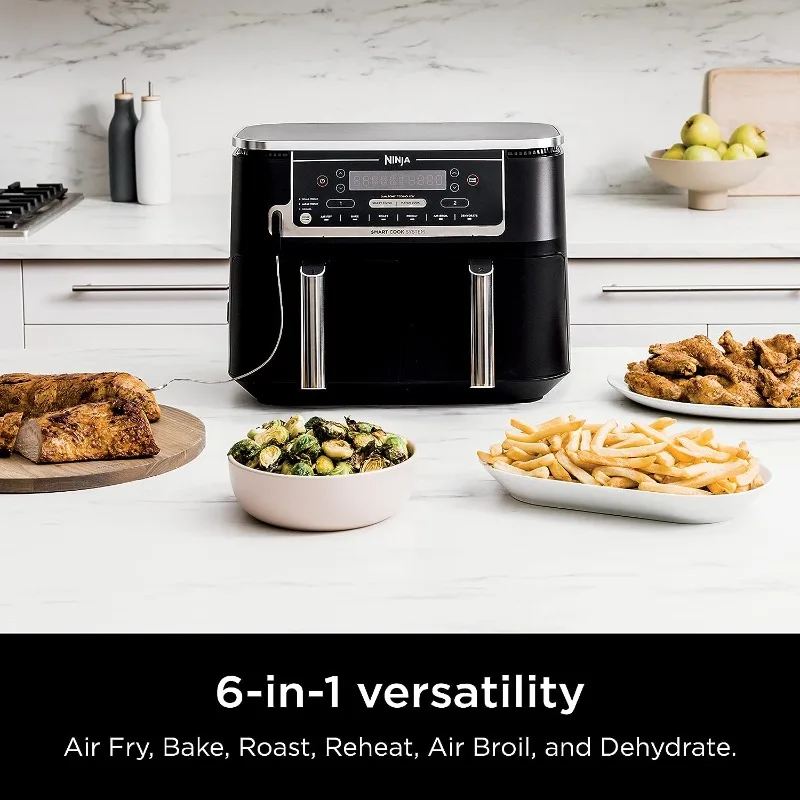 Ninja DZ550 Foodi 10 Quart 6-in-1 DualZone Smart XL Air Fryer with 2 Independent Baskets, Thermometer for Perfect Doneness