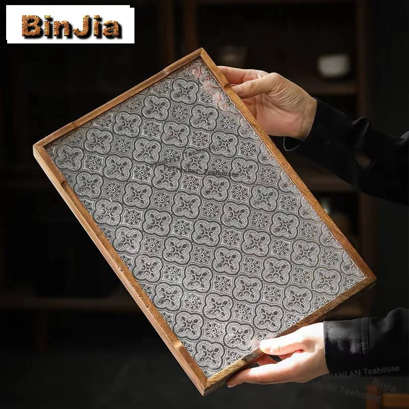 Rectangular Acrylic Glass Insulated Tray Walnut Solid Wood Dry Brewing Plate Wooden Partitioned Dishes for Serving Decoration