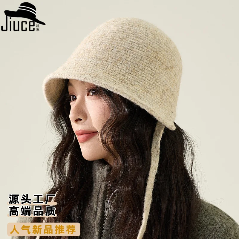 Winter Big Head Strap Knitted Fisherman's Hat Women's Back Fork Dome Short Eave Bucket Hat Outdoor Warm Pot Hat 4m705