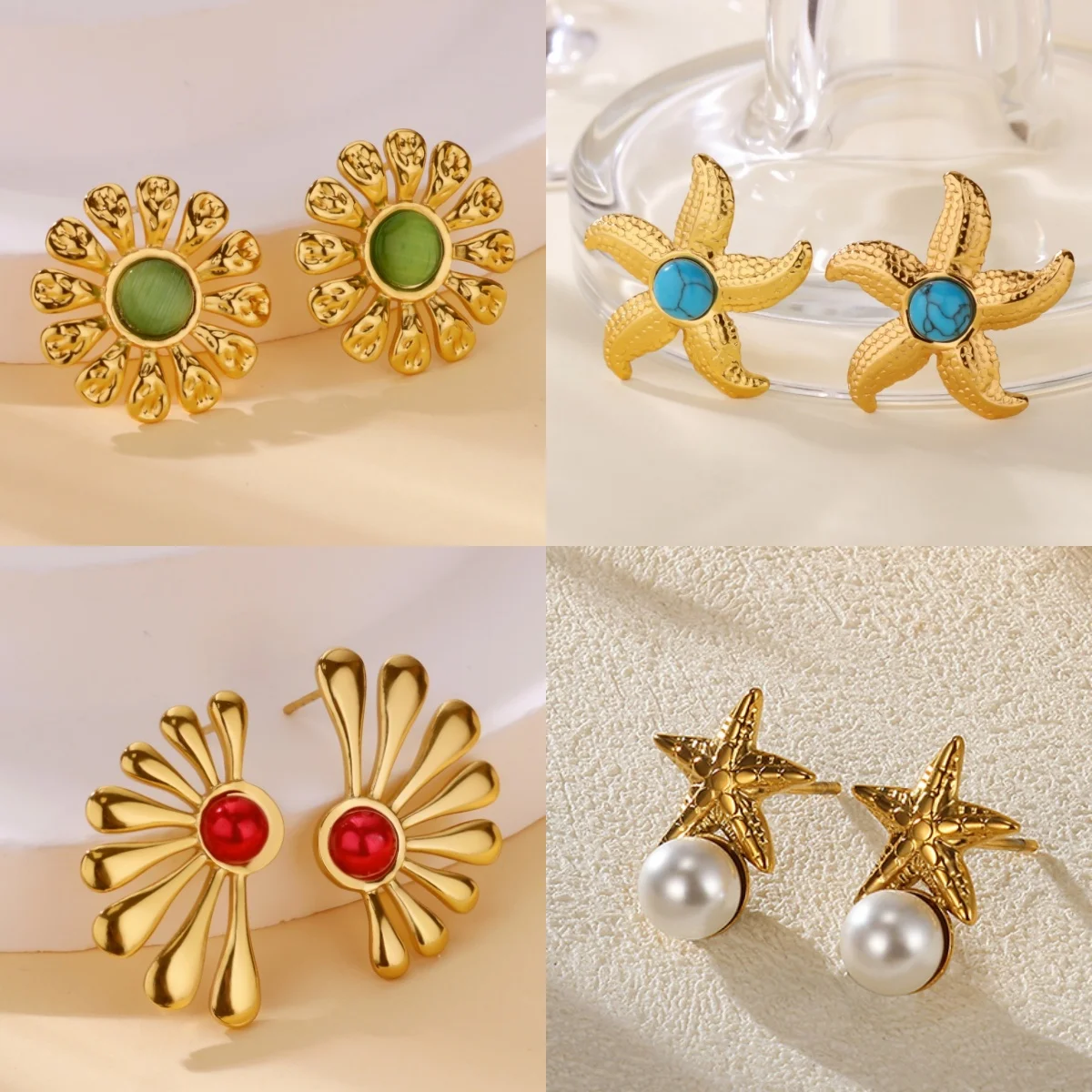 Retro Blumen-Ohrstecker für Damen, Vergoldeter Edelstahl mit Farbigen Zirkonia, Schmuck-Ohrringe als Geschenk