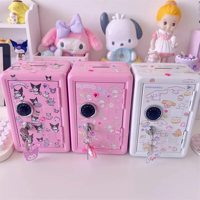 

Sanrio Kawaii Hello Kitty Piggy Bank Anime Cinnamoroll Ins Desktop Iron Coin Change Safe Decorative Sticker Storage Key Cabinets