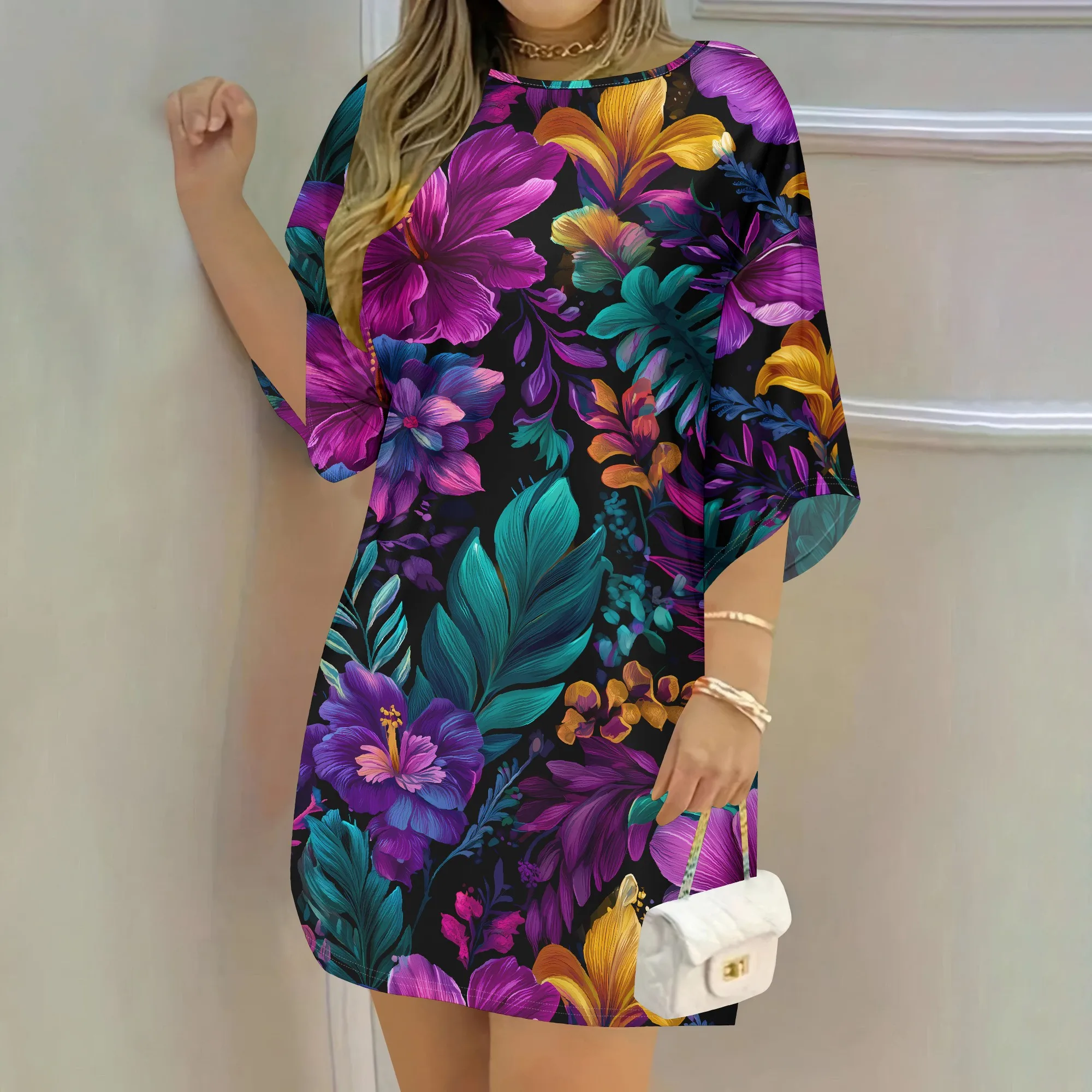 Vibrant Floral Print Tunic Dress Colorful Tropical Leaf Pattern Summer Casual Shift Dress for Women Beach Vacation Party Wear
