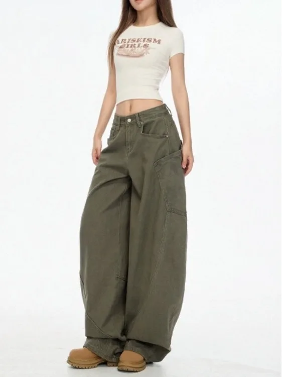 

plus Size Lazy Style Military Green Knife Wide Leg Jeans High Waist Loose Fit Slimming Workwear Trousers for Women