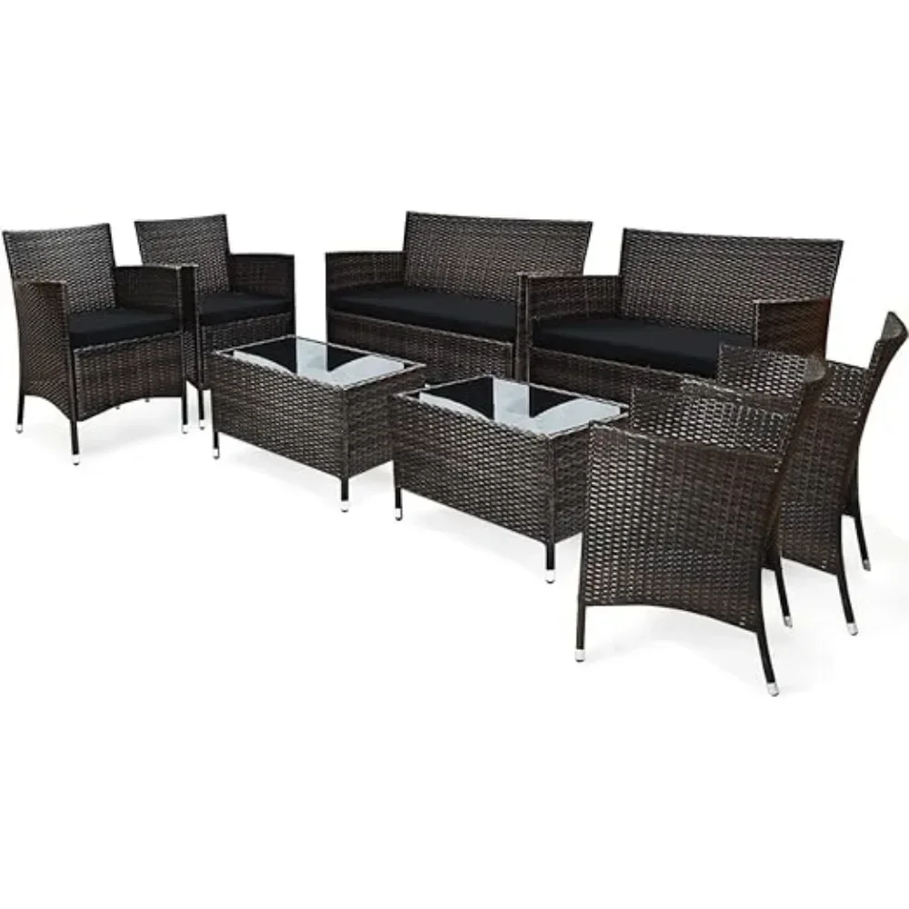 Patio Rattan Conversation Set, Outdoor Wicker Furniture Set with Tempered Glass Coffee Table &Thick Cushion