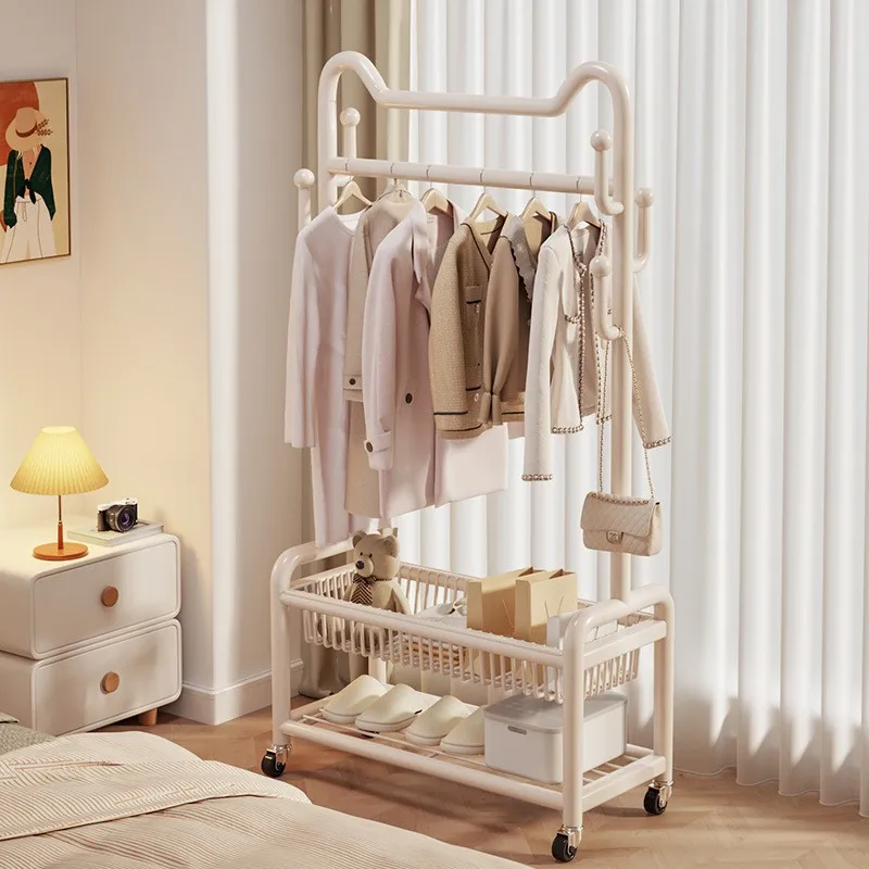 

HYS Bedroom Floor Hanger Balcony Household Metal Coat Rack Room Storage Bag Storage Shelf Drying Artifact