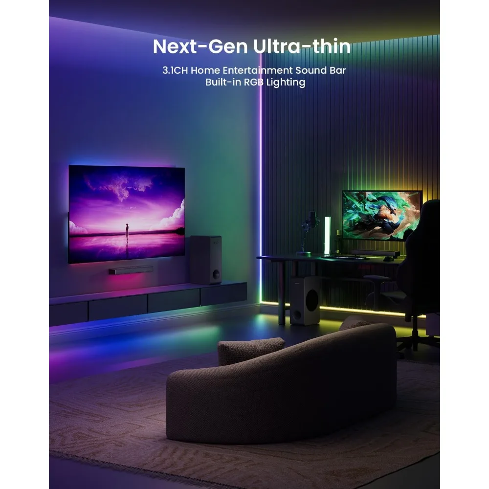 Sound Bar for Smart TV 3.1CH PC Gaming Soundbar with Subwoofer RGB Lighting Audio Sync Surround Sound System BT 5.3/HD-ARC/Opti