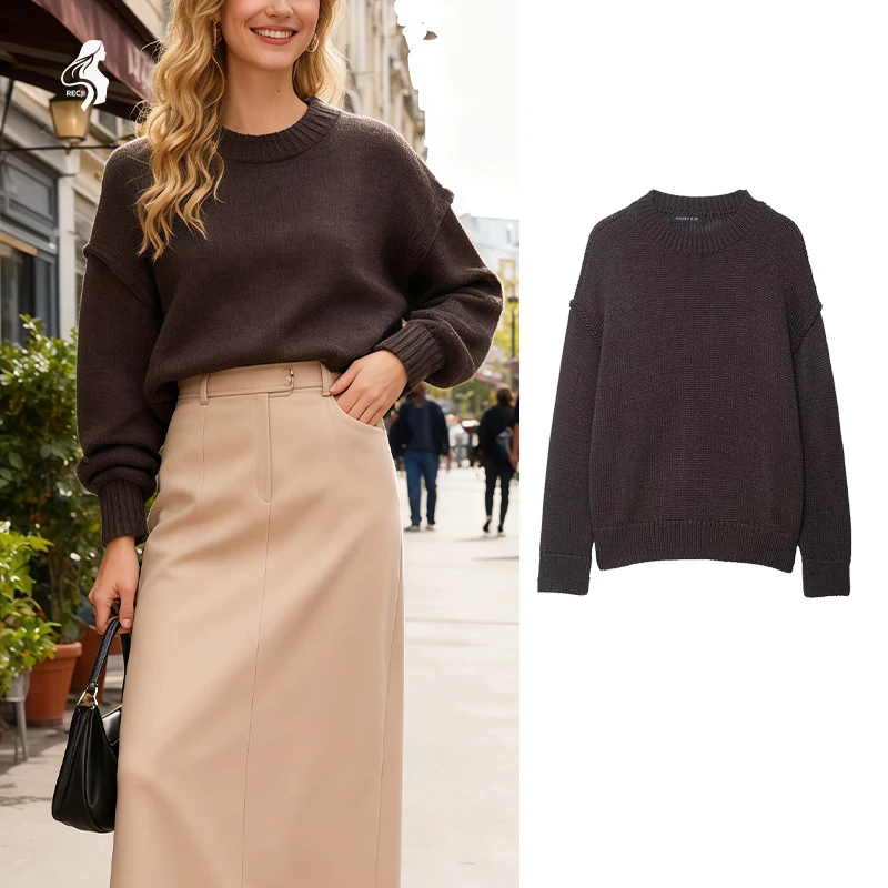 

Womens Knit Sweater Long Sleeves Round Neck Stitch Decoration Comfortable Knitwear For Autumn Winter And Daily Wear Trafizaran