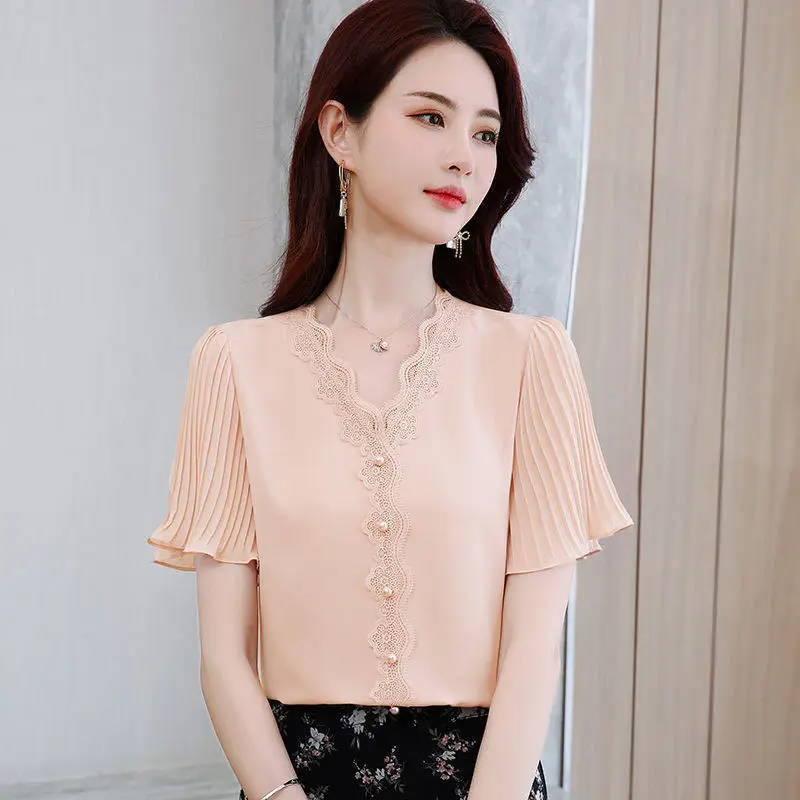 Elegant V-Neck Spliced Lace Ruffles Folds Flare Sleeve Blouse Women\'s Clothing 2023 Summer New Casual Pullovers Beading Shirt