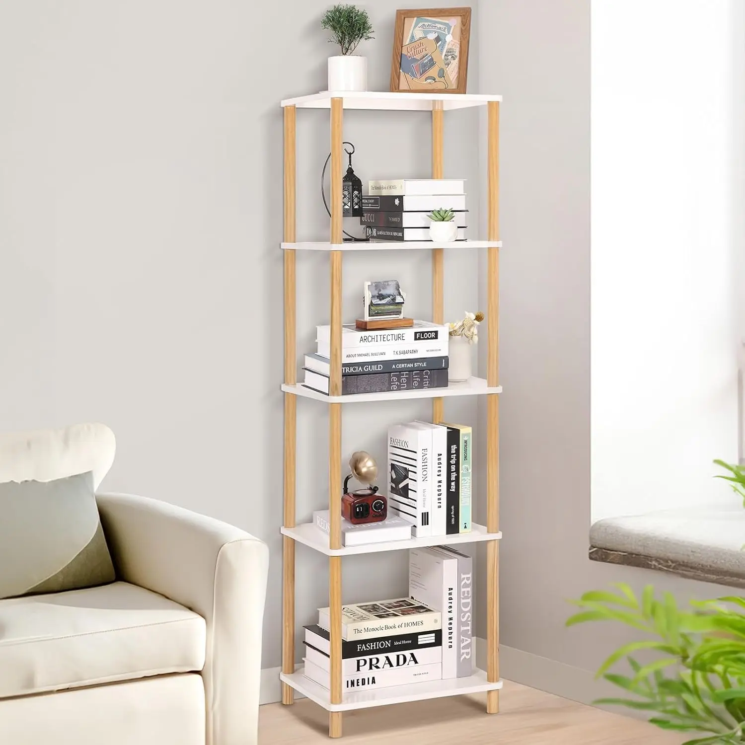 Storage Shelf Organizer 51in Tall Bookshelf Narrow White Shelves Display Storage Wood Bookshelf Rack Vertical Narrow Boo