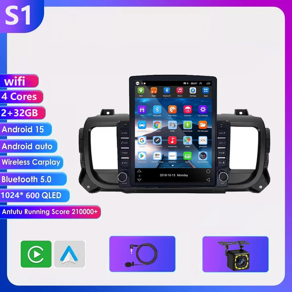 9.7 inch Android 16 Carplay voor Citroen Jumpy 3 SpaceTourer, Peugeot Expert 3 en Toyota Proace 2016-2021 multimediaspeler voor auto's