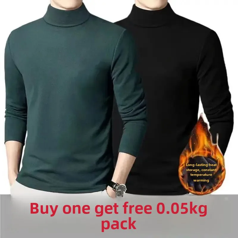 Thickened Inner Fleece-Lined Men's T-Shirt Long Sleeve Warm Base Layer Top Half Polo/Turtle Neck Solid Color T-Shirt Autumn