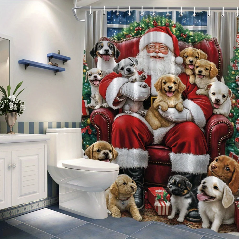 Festive Santa & Golden Retriever Puppy Shower Curtain, Polyester, Machine Washable, Winter Scene with Snowy Ground