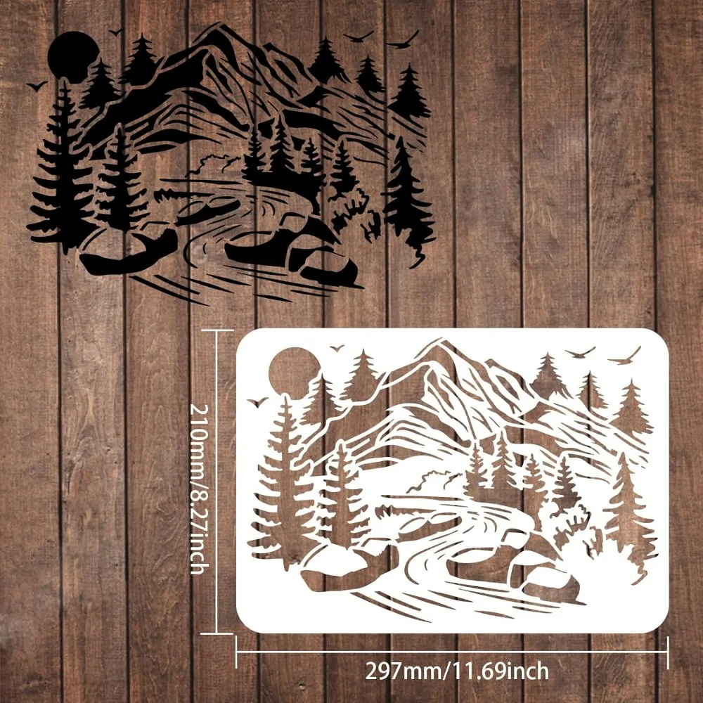 Mountains View Stencils 11.7x8.3 inch Plastic Valley Pine Tree Drawing Painting Stencils River Sun Birds Wall Stencils Reusable