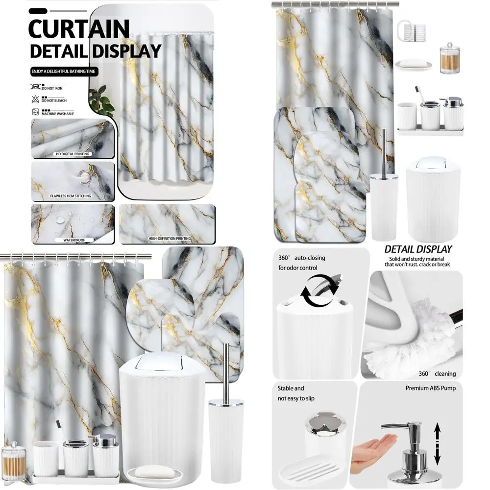 

24-Piece White and Gold Marble Bathroom Decor Set with Shower Curtain, Rugs, Trash Can, Toilet Brush Holder, and Soap Dispenser