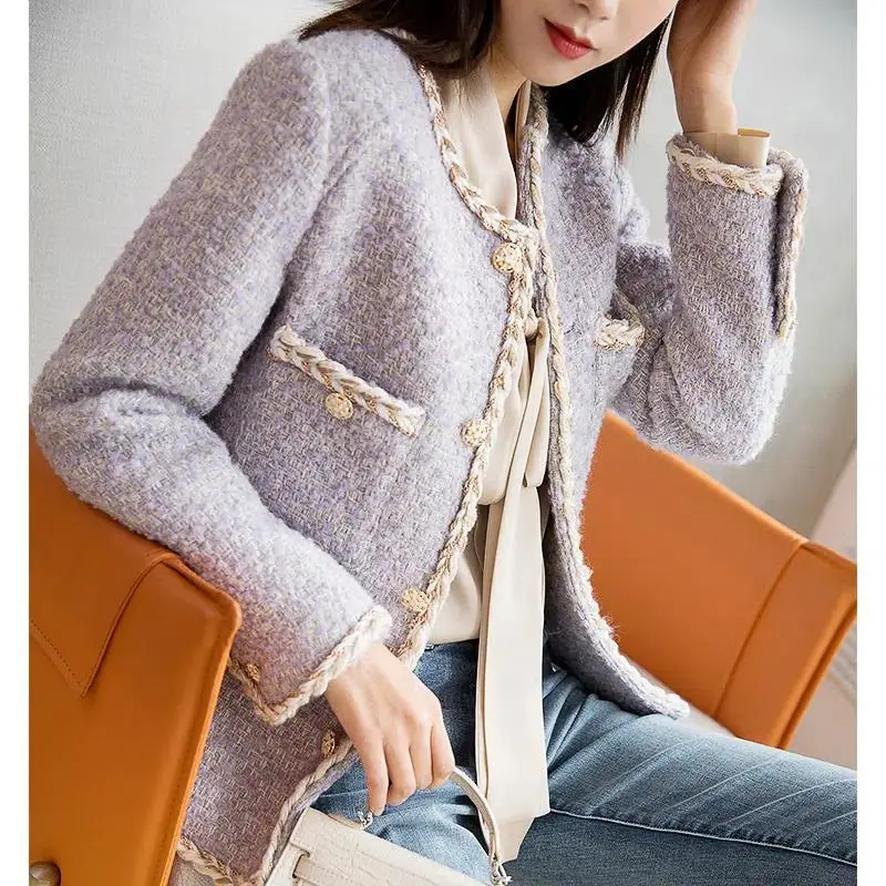 1 piece of taro purple women's tweed jacket 2026 new small fragrant style spring autumn round neck solid color top