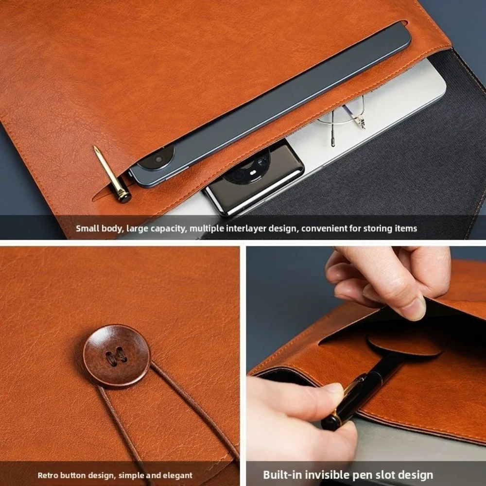 Retro PU Leather Document Bag Handheld Business Laptop Bag with Button A4 File Folder Office Storage