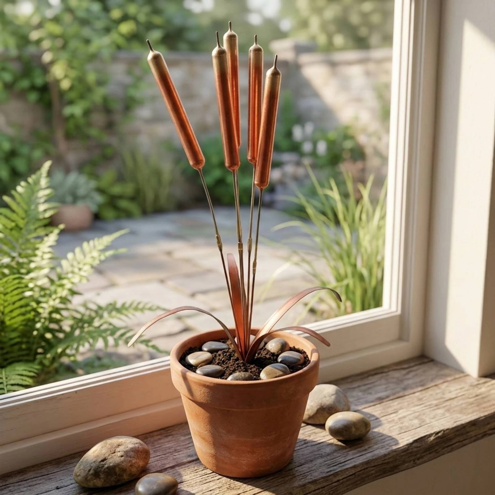 5 Pieces Metal Wind Chimes with Stake Copper-Toned Cattail Wind Chimes Cattail Garden Stake Outdoor Yard Art Easy to Place