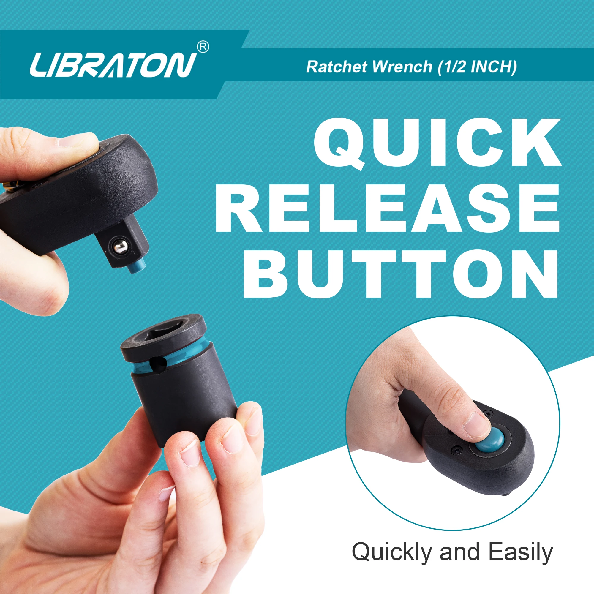 Libraton 1/2 Inch Ratchet 1-Pack, Ratchet Handle with Teardrop Head, Quick-Release Ratchet with Comfort Grip