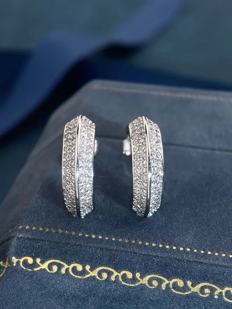 أقراط من الفضة الإسترليني عيار 925 رائعة لامعة شبه دائرية من الزركون للنساء لحفلات الذكرى السنوية مجوهرات راقية عالية الجودة