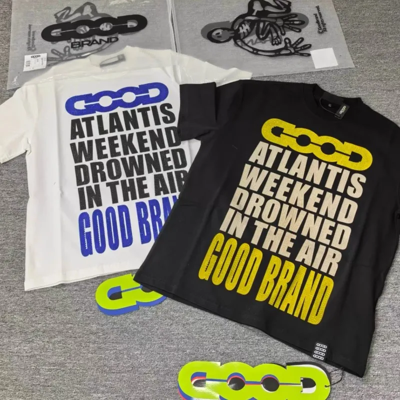 T-shirts GOODBRAND avec lettres en strass thermocollés, été, hommes femmes, coton respirant, col rond, manches courtes, streetwear