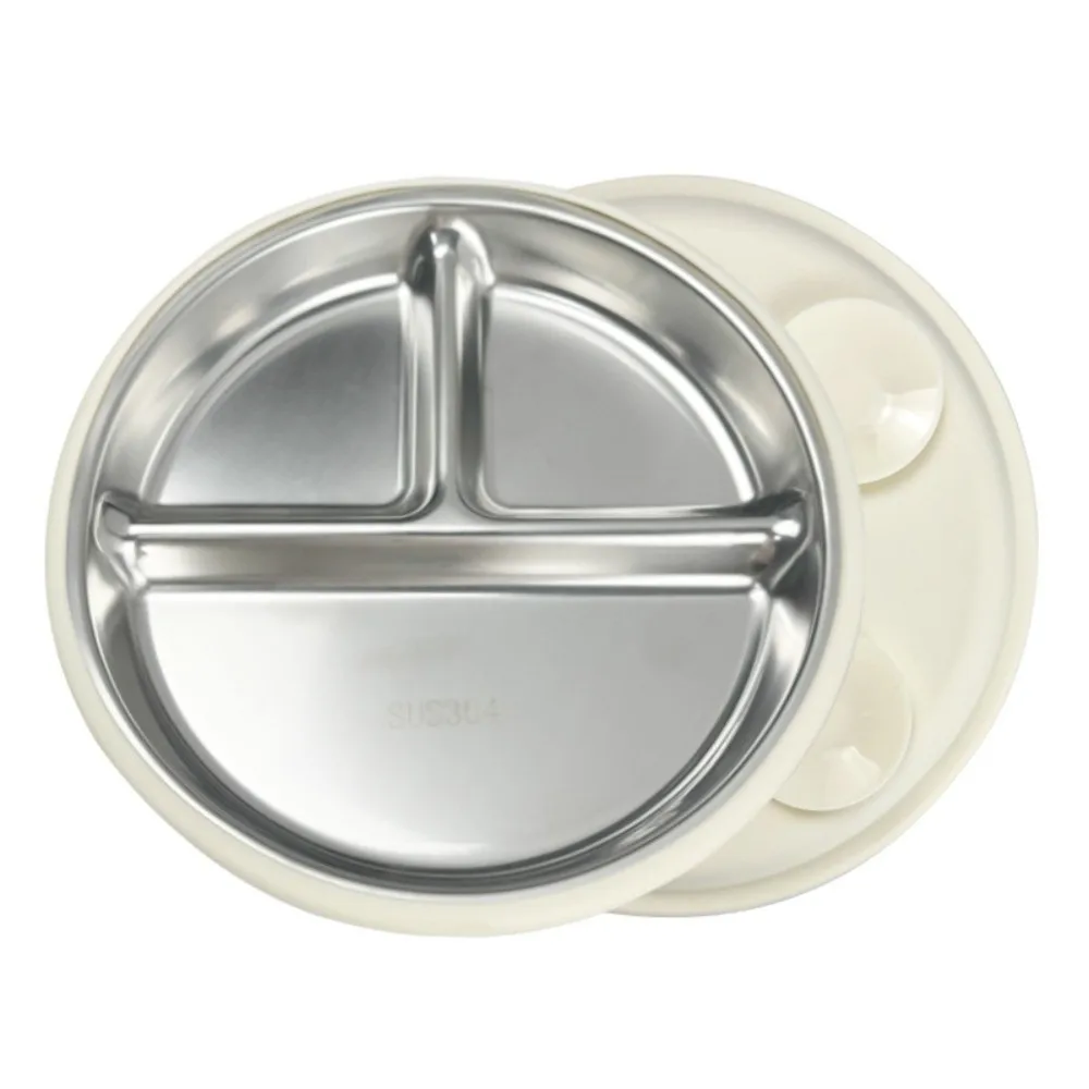 Divided Design Suction Cup Plates 304 Stainless Steel Silicone Shell Children 3 Grids Dishes Non-Slip Safe Material