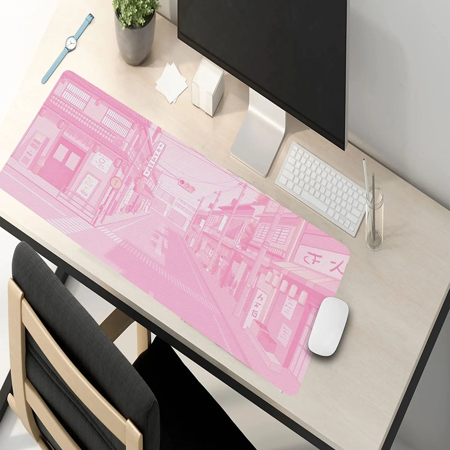 Pink Japanese Anime Vaporwave Mouse Mat Computer Pad for Lap Desk Mat Anime Mouse Pad Kawaii Large Gaming Pad Keyboard Pad