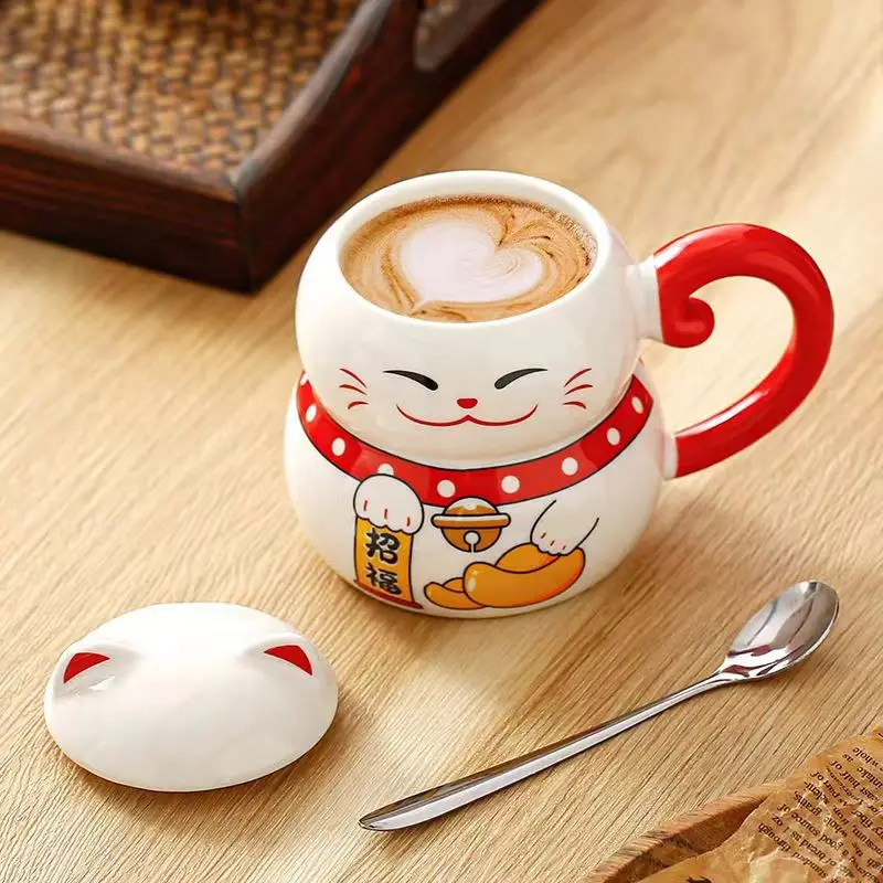 Lucky Cat Ceramic Coffee Mug Cat Lid Creative Cute Cartoon Cute Breakfast Gift Water Bottle Office Drinking Utensils Drinkware