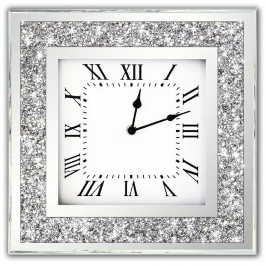 

Настенные часы Crystal Crush Diamond Mirrored Square 16x16 дюймов, декоративные, серебряные, зеркальные, кварцевые, для домашнего декора, с эффектом мерцания и блеска
