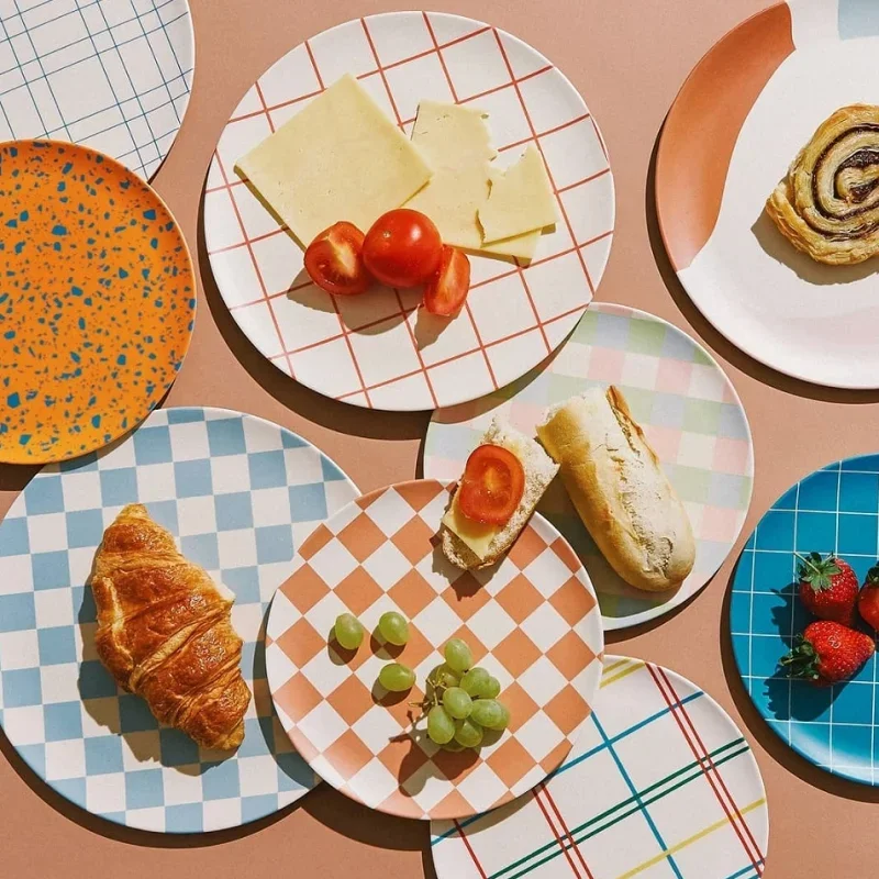 Eco-Friendly Bamboo Fiber Dessert Fruit Plate Original INS Checkered Design Anti-Fall round Plate for Adults Nordic Style