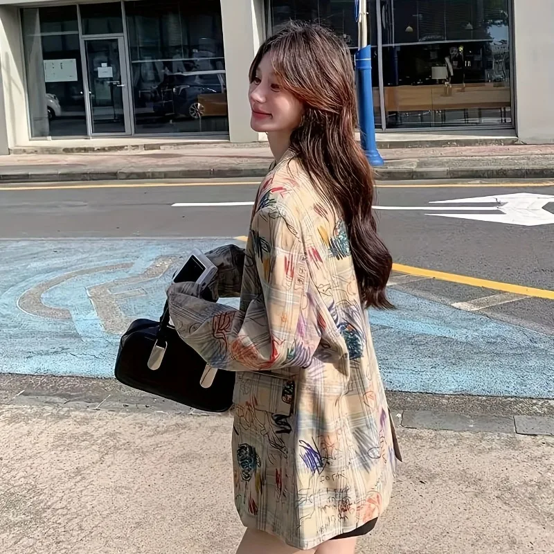 

Женский пиджак свободного кроя с граффити-принтом, осенняя коллекция 2026, корейский дизайн, повседневный и модный уличный стиль