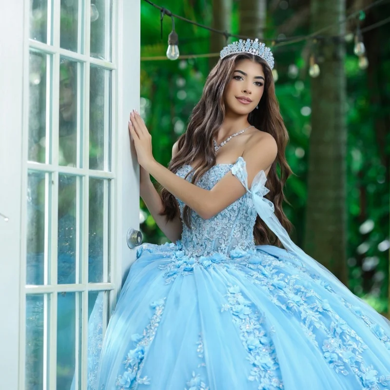 

Blue Quinceanera Dresses Off the Shoulder Crystal Decal 3D Flower Lace Long tail Bow Vestidoe 15 Quinceanera Customize