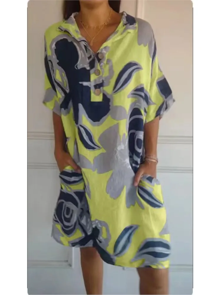 

Summer New Cotton Linen Casual Comfortable Print Dress Collar Button Pocket Women's Fashion Skirt Chinese Style Clothing