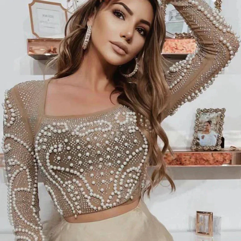 

Комплект из двух предметов: топ с длинными рукавами и жемчужным кружевом, короткая юбка, наряд с открытым животом, для вечеринок и повседневной носки, с круглым вырезом