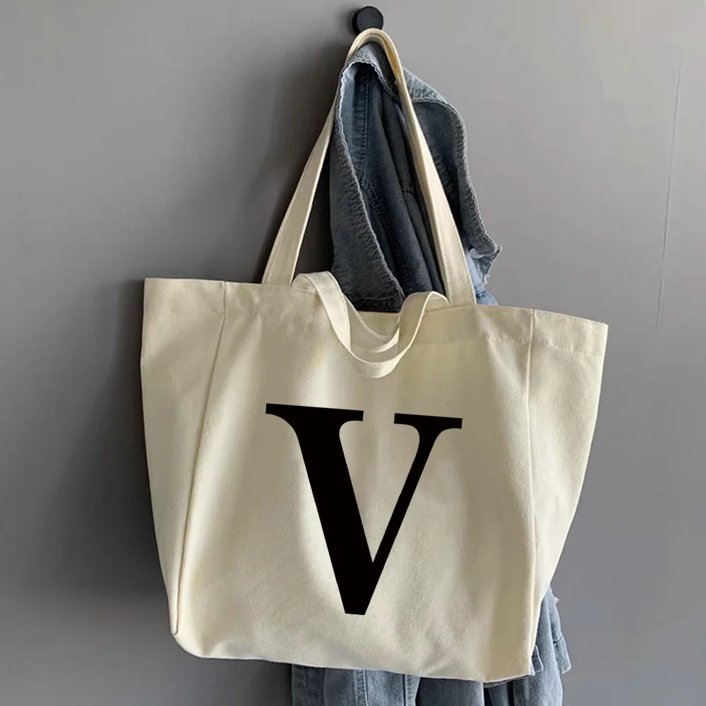 Shoulder Bags Handbag Canvas Shopping Bag Fashion Women Travel Portable Organizer Casual Shopper Tote Packet Black Letter Print