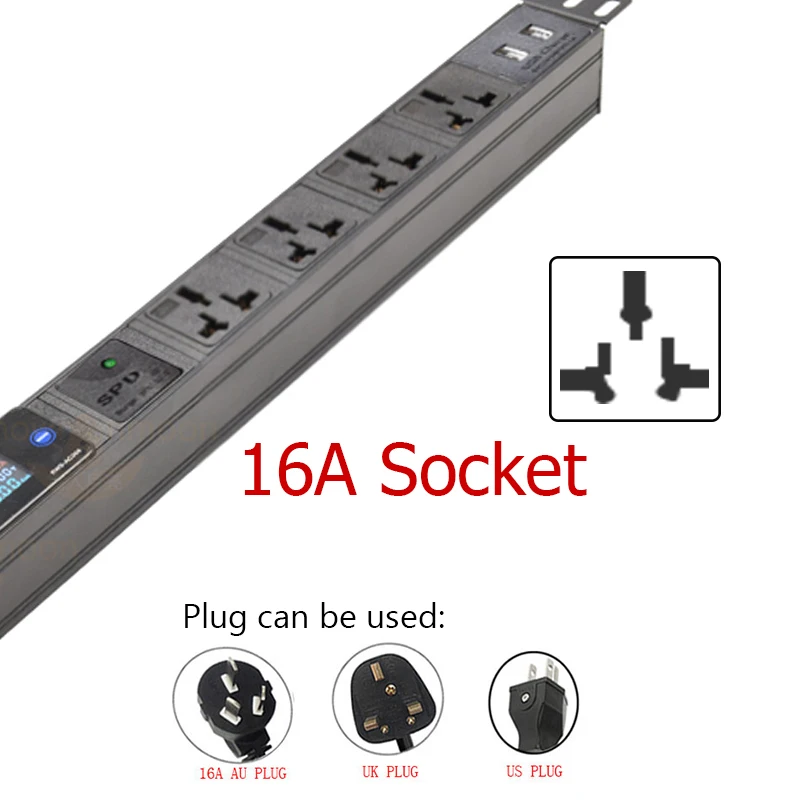 16A Power Strip For Network Cabinet Power Distribution Unit 2-10 Ways Universal Socket Digital voltage measuring instrument