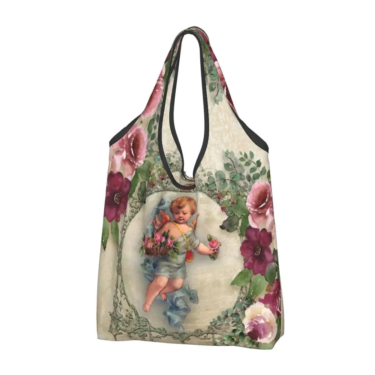 Vintage Rose Victorian Angel Groceries Tote Shopping Bags Women Fashion Shoulder Shopper Bag Big Capacity Handbag